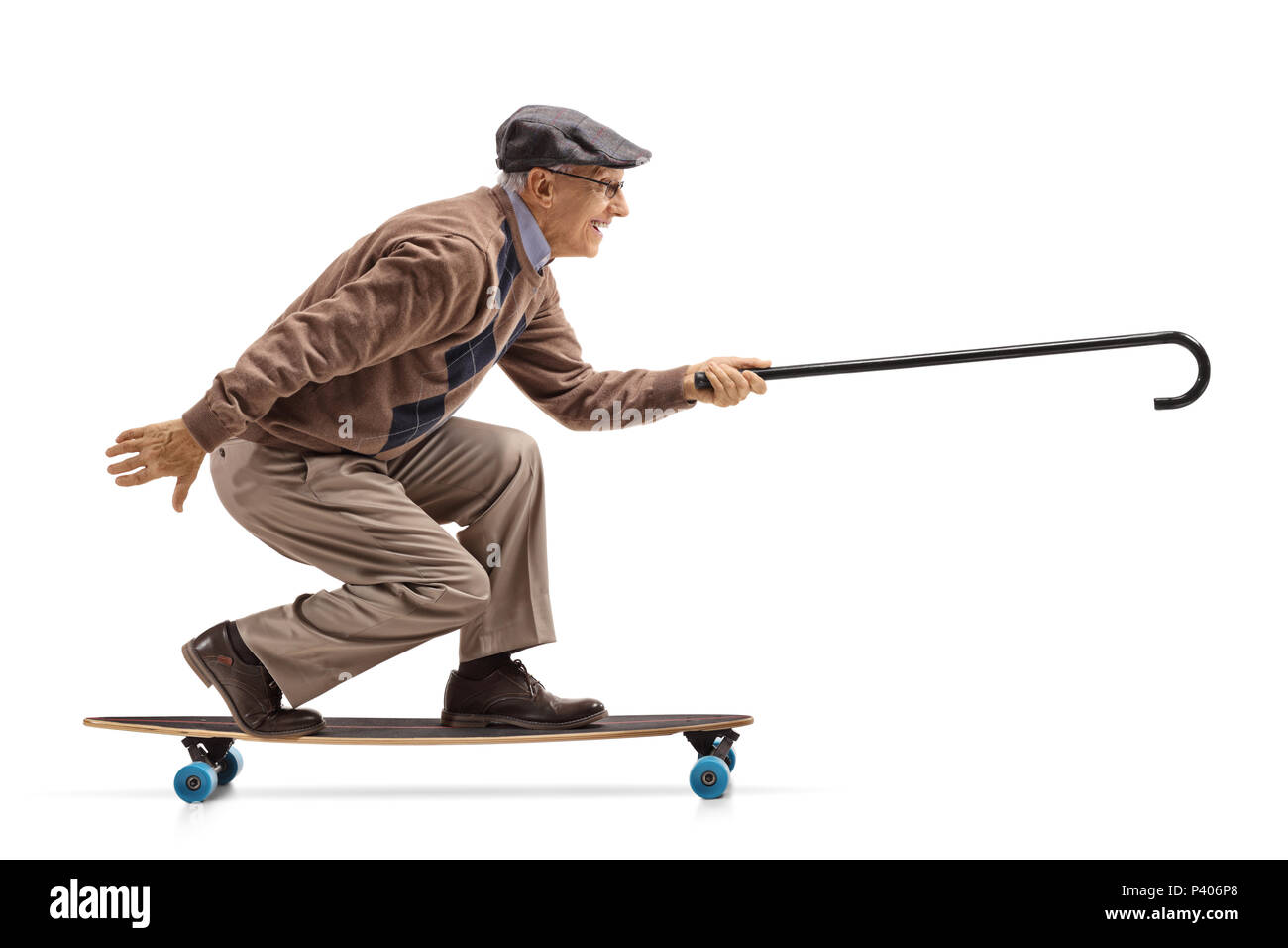 Elderly riding a longboard and holding cane isolated white background Stock Photo - Alamy