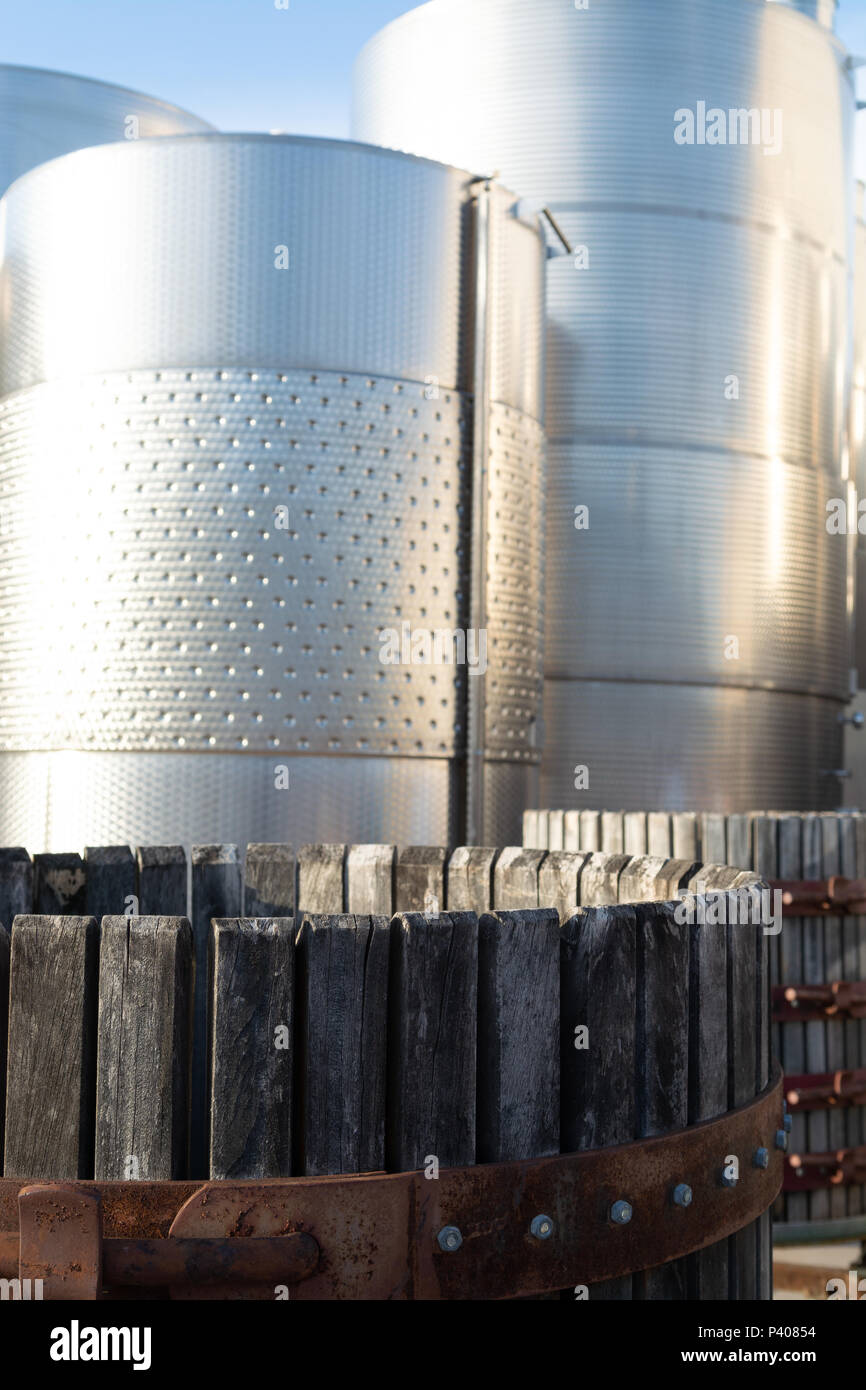 Modern bio wine production factory in Italy, inox steel tanks used for