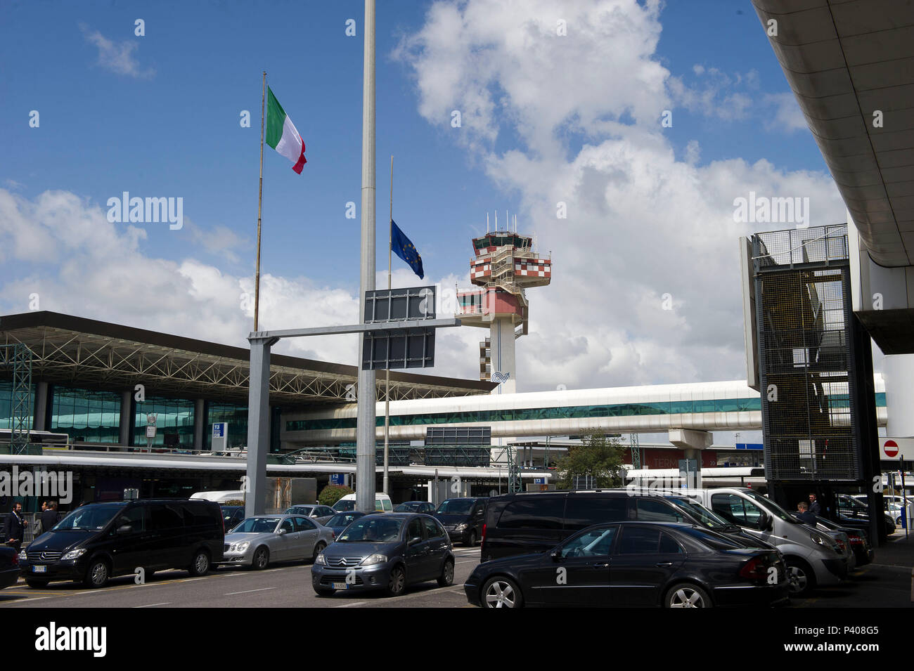 Italy. Europe. Roma. Fiumicino Airport. Leonardo da Vinci airport, Control Tower. Italian Flag Stock Photo
