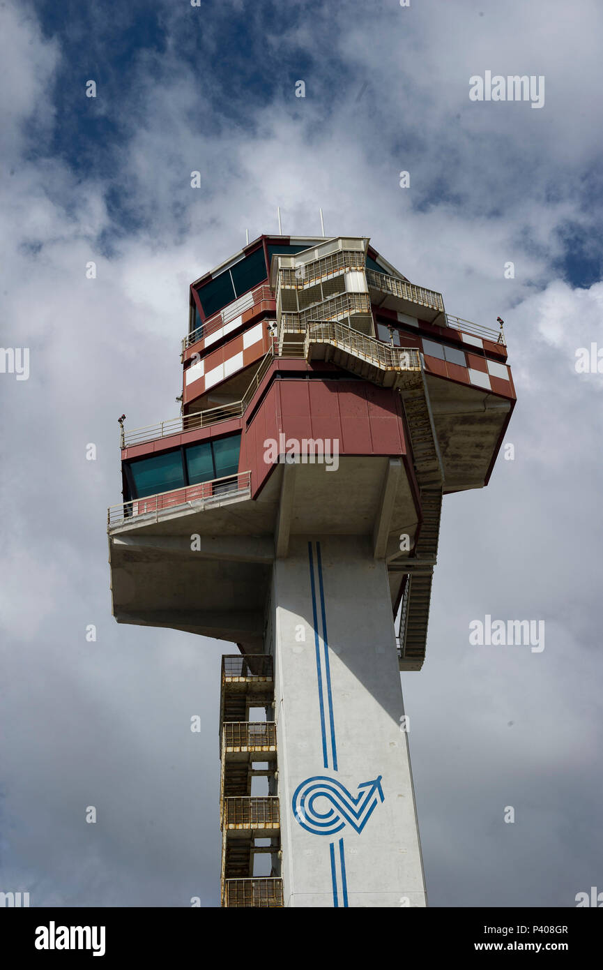 Italy. Europe. Roma. Fiumicino Airport. Leonardo da Vinci airport, Control Tower. Italian Flag Stock Photo