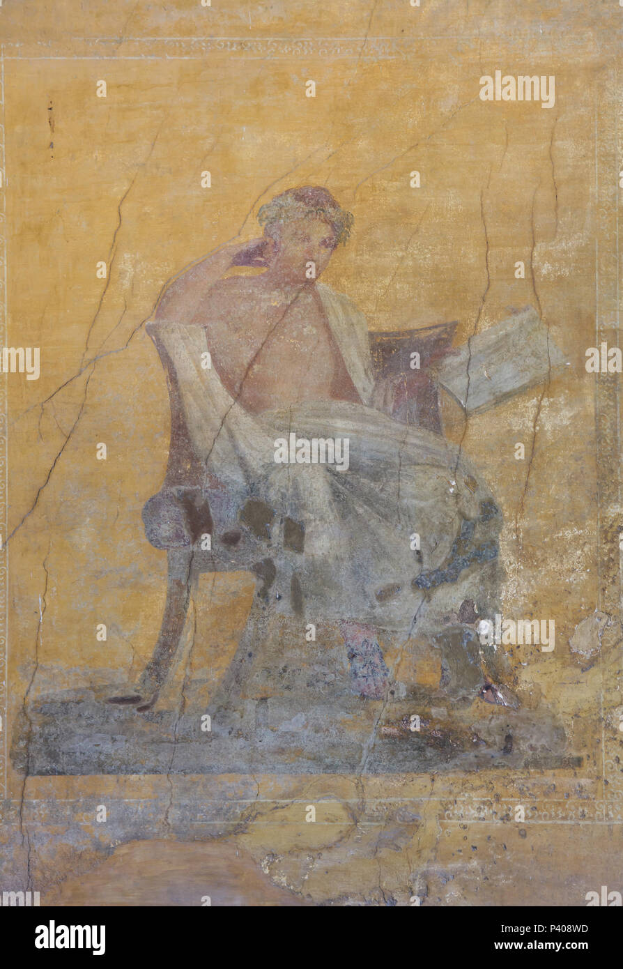 Greek dramatist Menander (342-290 BC) depicted in the Roman fresco in the House of Menander (Casa del Menandro) in the archaeological site of Pompeii (Pompei) near Naples, Campania, Italy. Stock Photo
