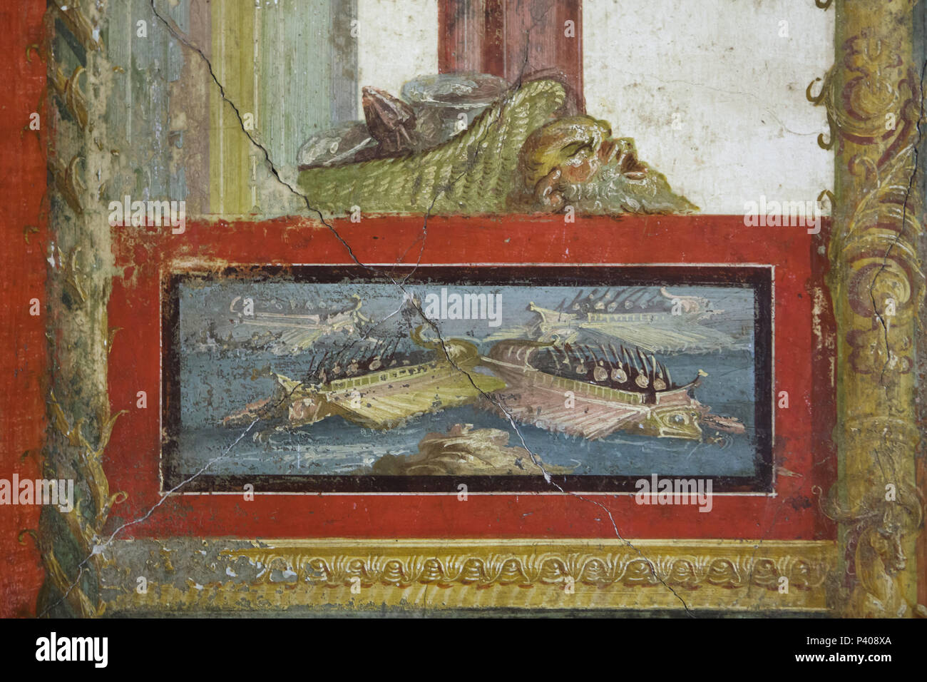 Naval scene depicted in the Roman fresco in the Ixion Room in the House of the Vettii (Casa dei Vettii) in the archaeological site of Pompeii (Pompei) near Naples, Campania, Italy. Stock Photo