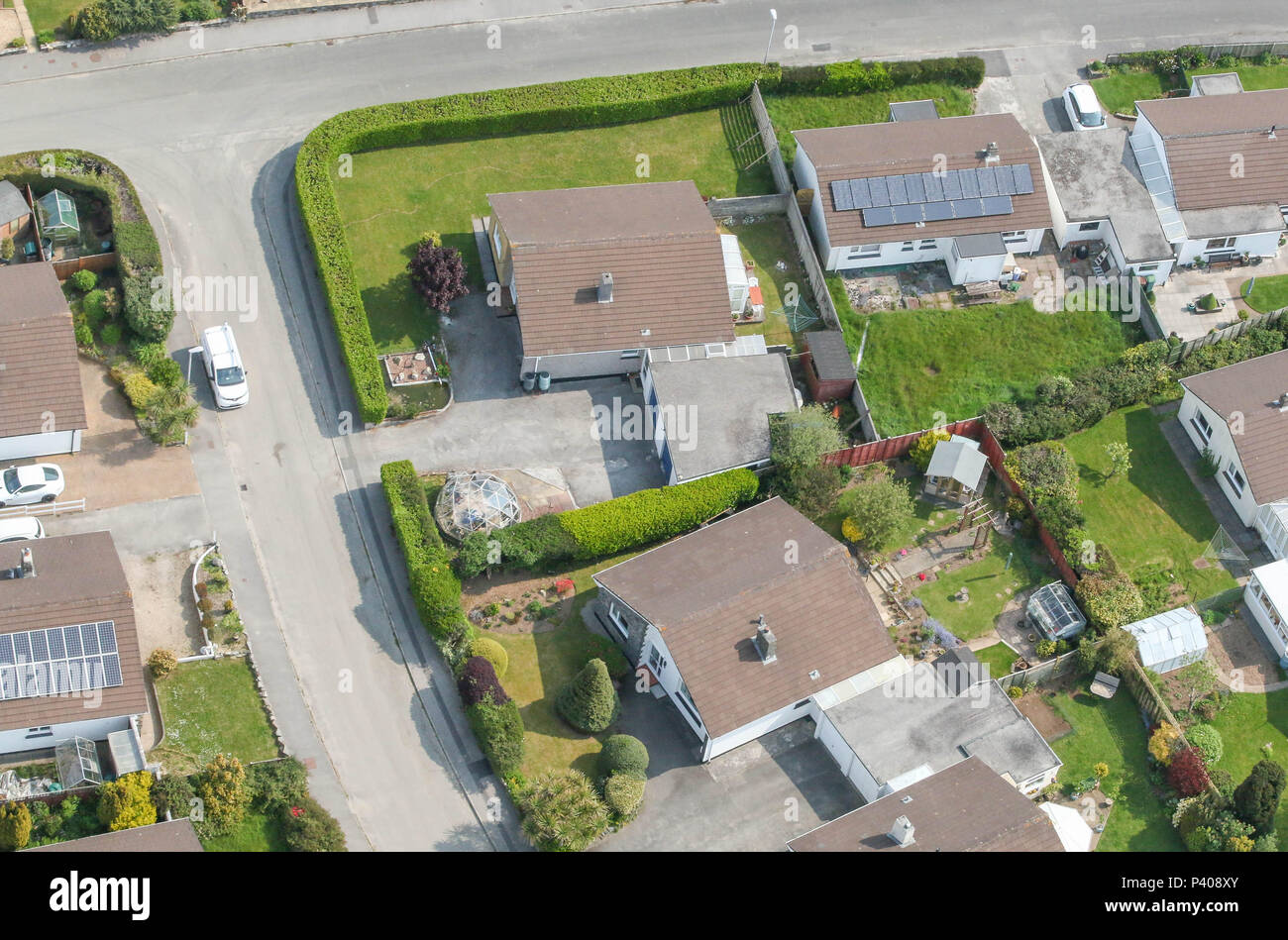 Birds eye view of bungalows and road in Cornwall Stock Photo