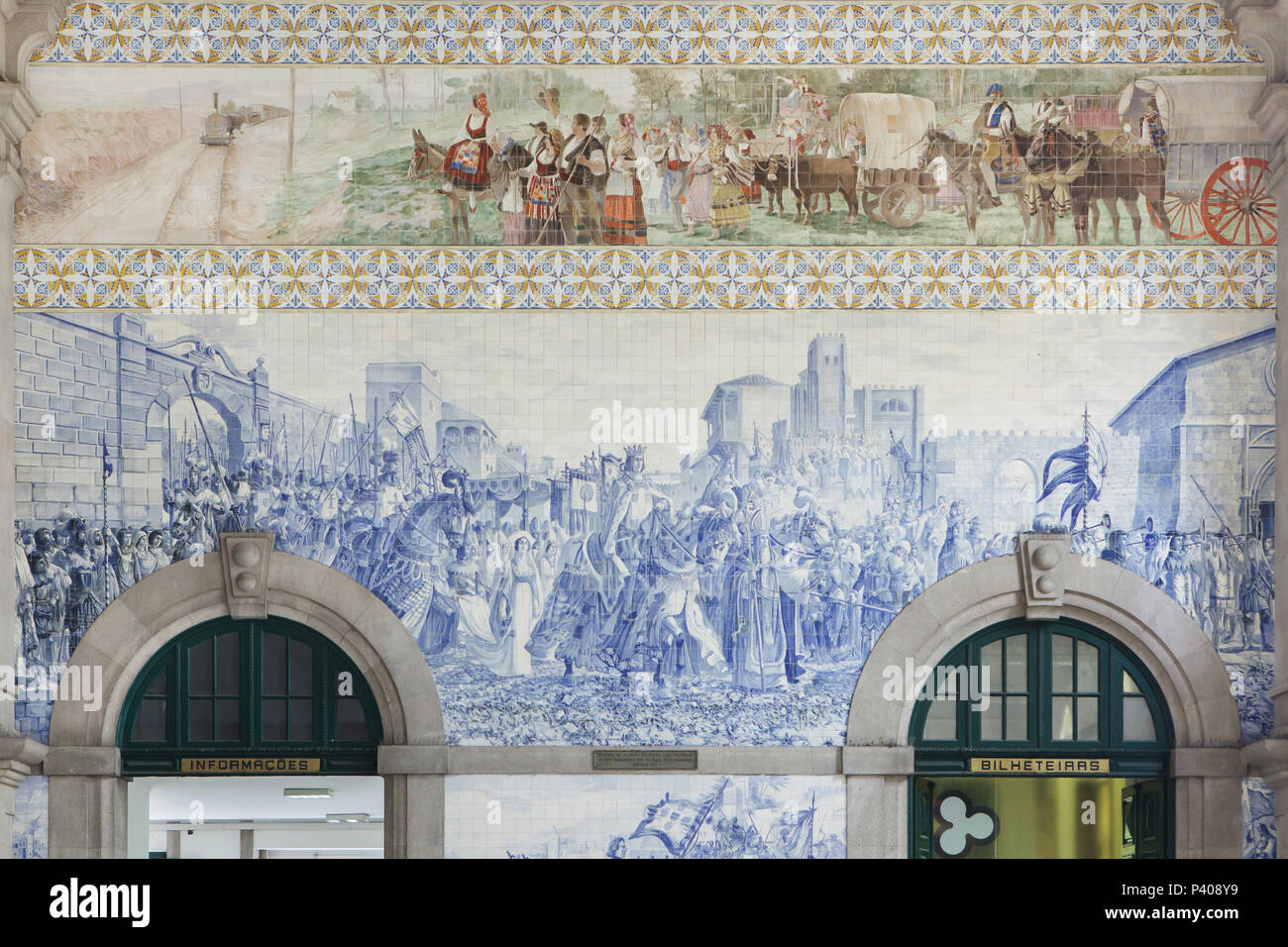 Entrance to Porto of King John I of Portugal (also known as João I) and Queen Philippa of Lancaster to celebrate their wedding in 1387. Azulejo panel painted by Portuguese painter Jorge Colaço in 1905-1916 in the São Bento railway station (Estação Ferroviária de São Bento) in Porto, Portugal. Stock Photo