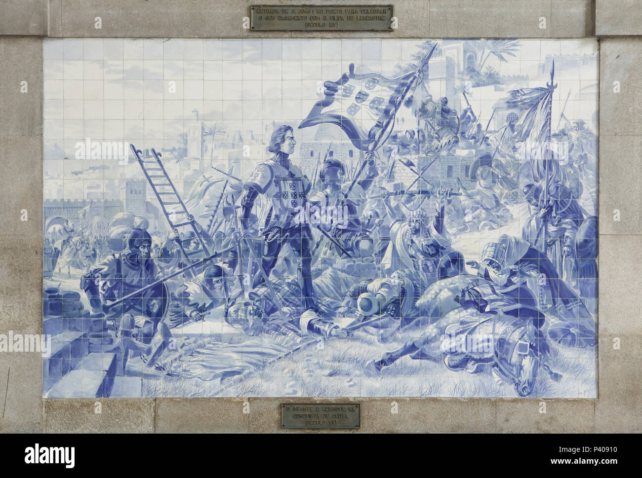 Prince Henry the Navigator (Infante Don Henrique of Portugal) during the Conquest of Ceuta in 1415 depicted in the azulejo panel painted by Portuguese painter Jorge Colaço in 1905-1916 in the São Bento railway station (Estação Ferroviária de São Bento) in Porto, Portugal. Stock Photo