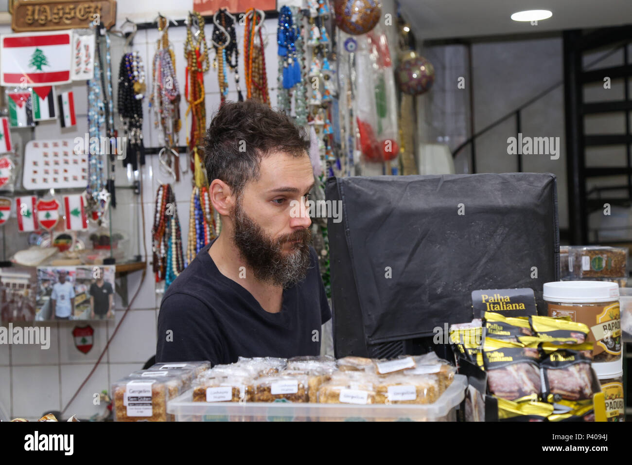 Na foto o empresário Daniel Nasser dono do empório Akkar, especializado em produtos Árabes desde 1906 localizado na Rua Afonso Kherlakian, 165 na região central de São Paulo (SP).  Empório Árabe em SP Stock Photo