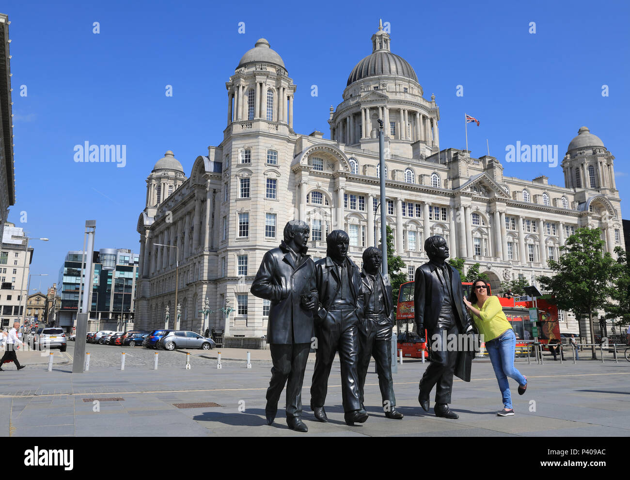 The new Beatles Statue on the renovated Pier Head on the Waterfront in Liverpool, on Merseyside