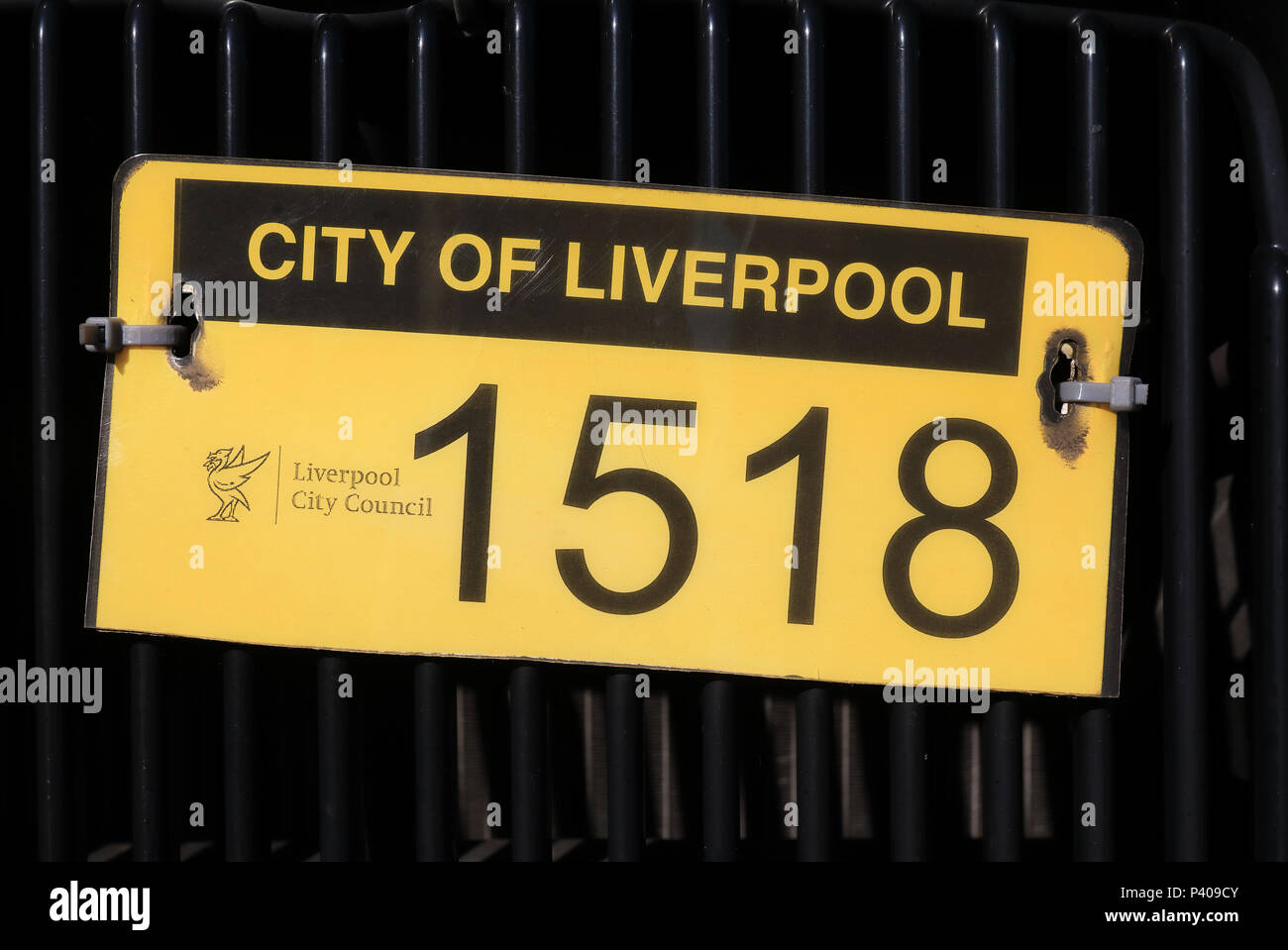 Liverpool taxi cab licence plate, in Merseyside, NW England, UK Stock Photo
