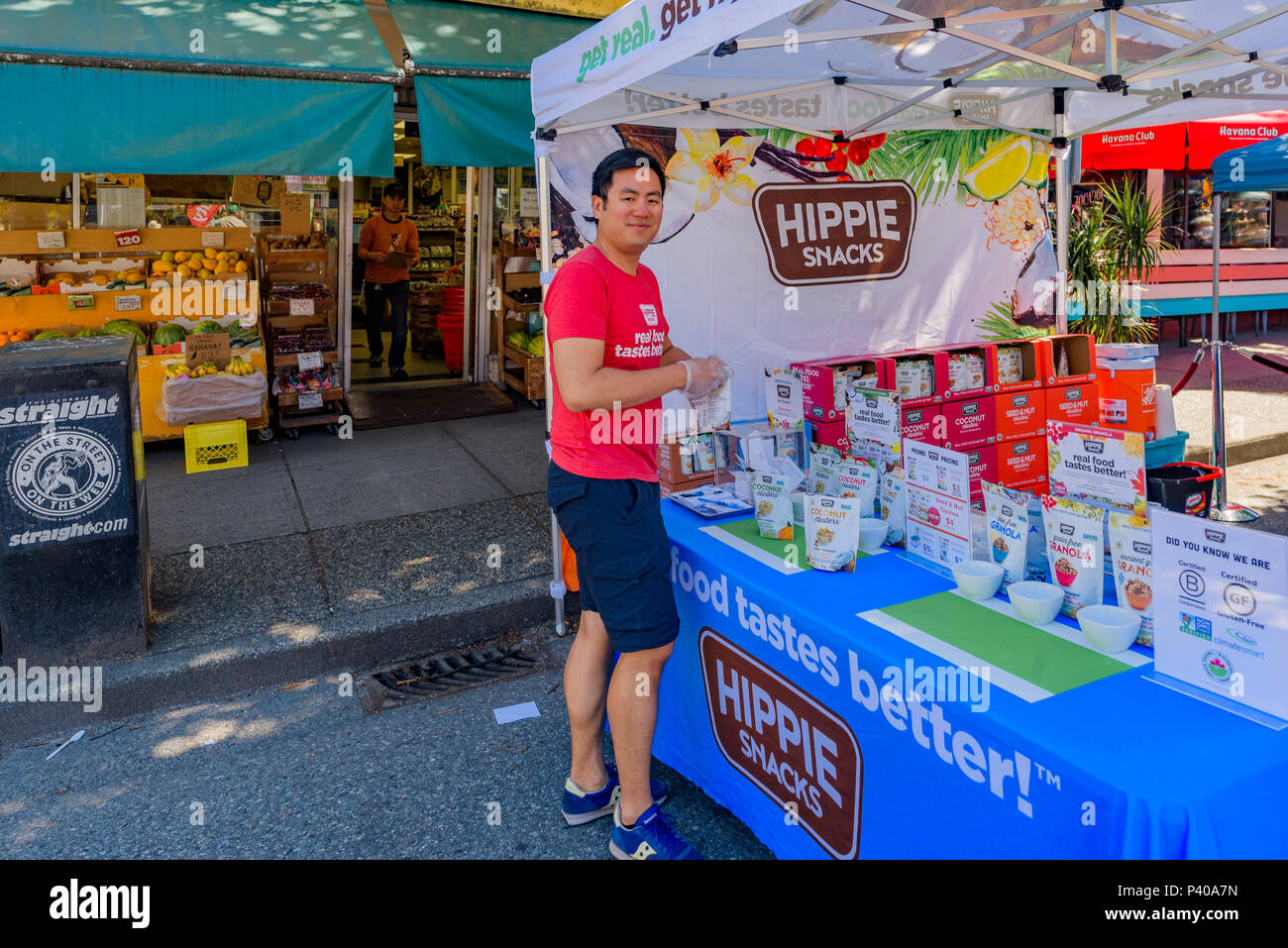 Hippie Snacks booth, Car Free Day, Main Street, Vancouver, British Columbia, Canada. Stock Photo