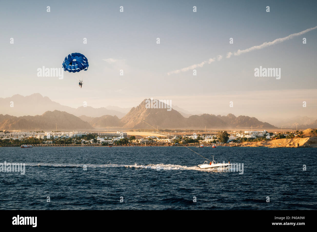 Parasailing in sky near beach towed by motor boat at sunset. Sharm el Sheikh, Red Sea, Sinai Peninsula, Egypt Stock Photo