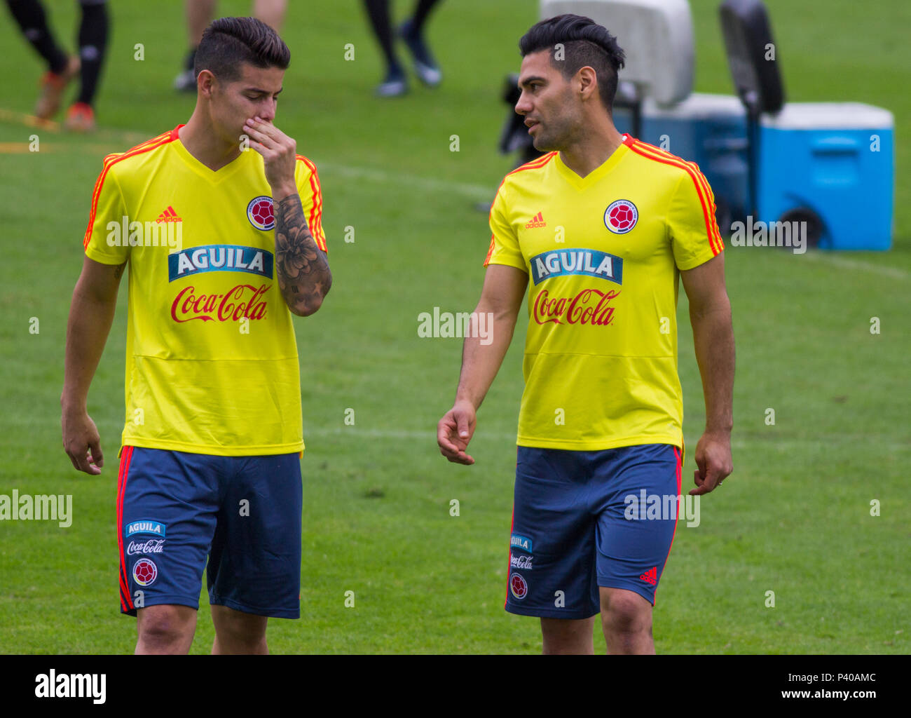 James Rodriguez (L) Jose Pekerman(C) and Radamel Falcao (R) speaks in the training of the Colombia team at the Campin stadium Stock Photo