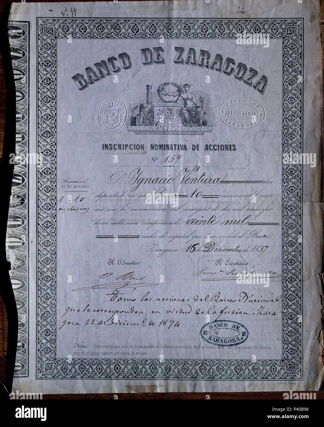 INSCRIPC NOMINATIVA DE ACCIONES DEL BANCO ZARAGOZANO-1857. Location: BOLSA DE COMERCIO-COLECCION, MADRID, SPAIN. Stock Photo