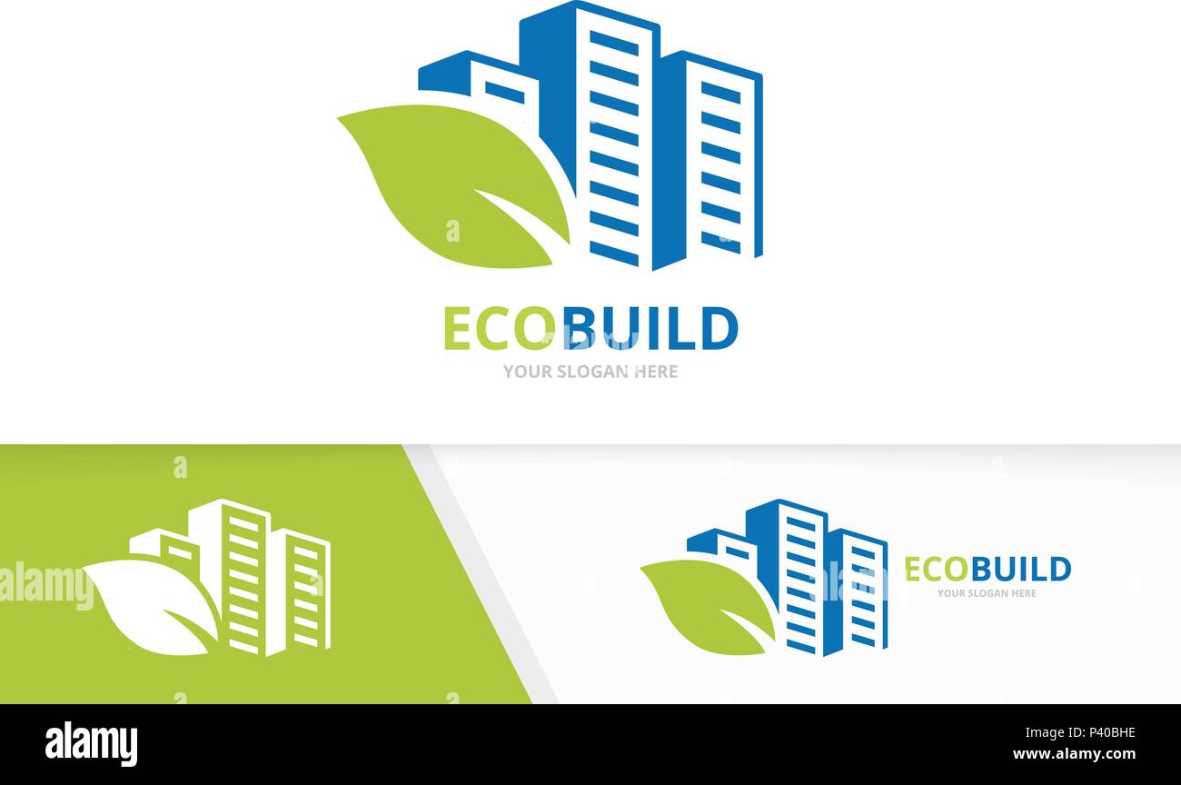 Vector skyscraper and leaf logo combination. House and eco symbol or ...