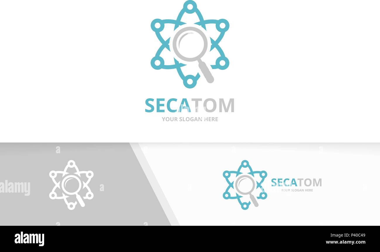 vector atom and loupe logo combination molecule and magnifying molecule vs atom