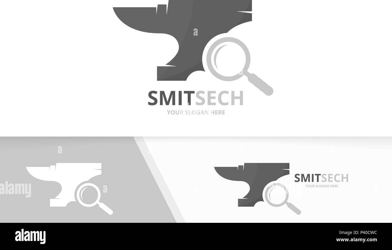 Vector smith and loupe logo combination. Blacksmith and magnifying symbol or icon. Unique metal and search logotype design template. Stock Vector