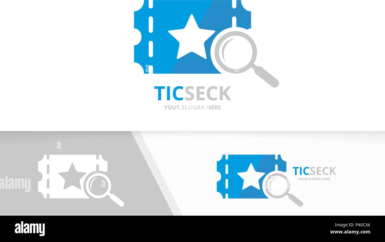 Vector ticket and loupe logo combination. Ducket and magnifying symbol or icon. Unique card and search logotype design template. Stock Vector