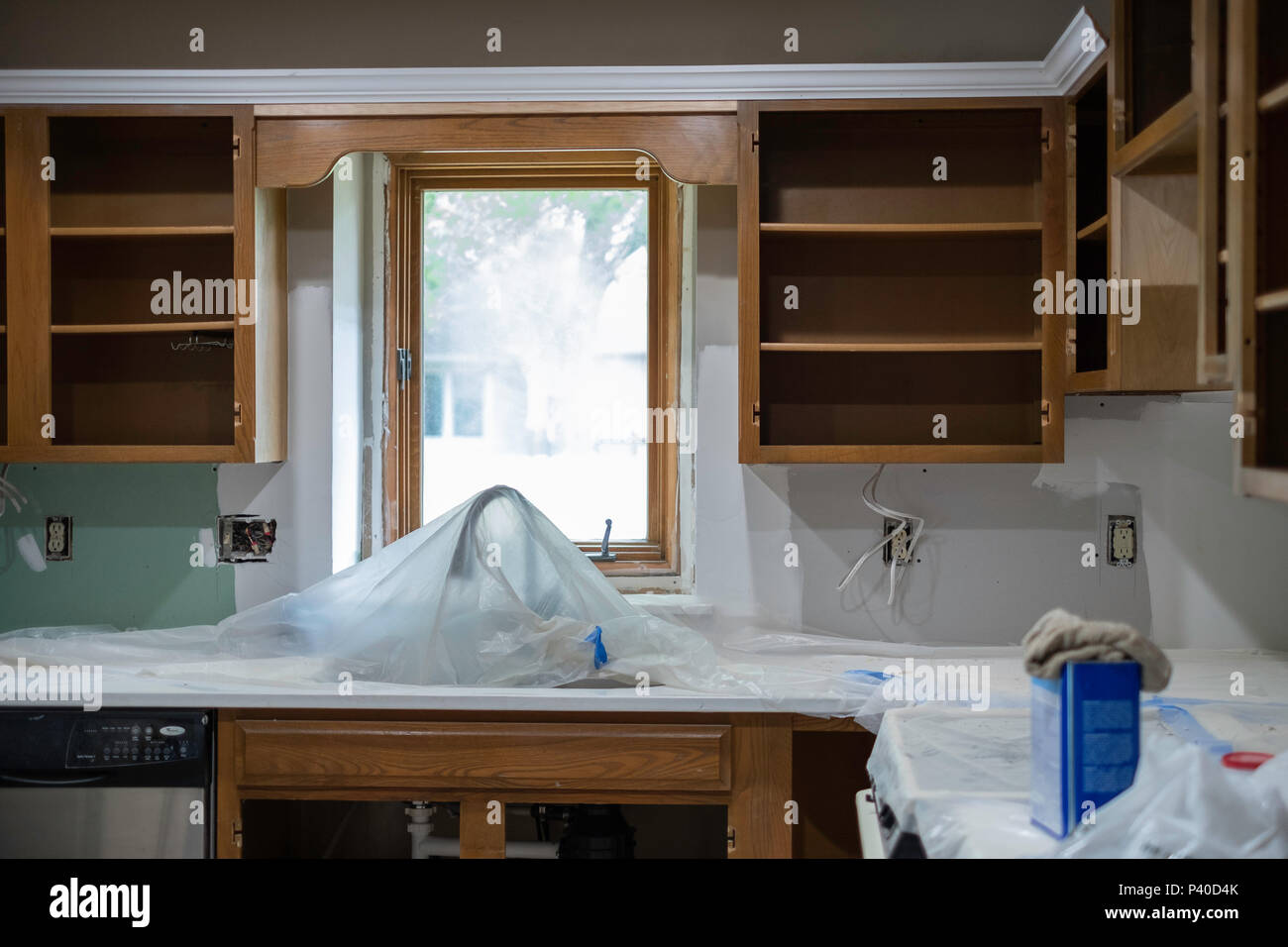 New Quartz Countertops Are Protected With Plastic Sheeting While A