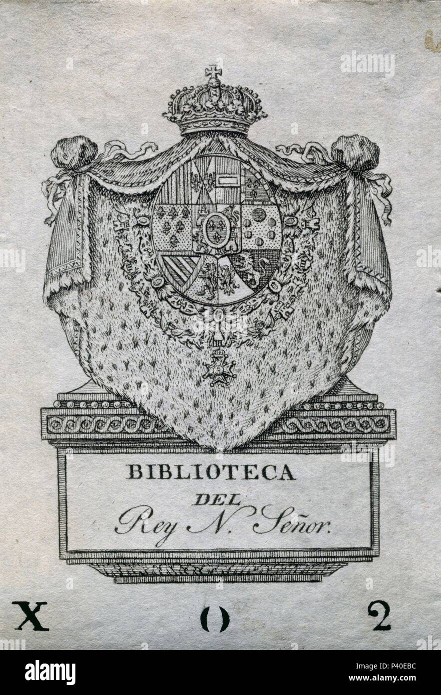 GRABADO-EXLIBRIS DE FERNANDO VII-COL CORONA ESPAÑA-. Author: Manuel Salvador Carmona (1734-1820). Location: PALACIO REAL-BIBLIOTECA, MADRID, SPAIN. Stock Photo