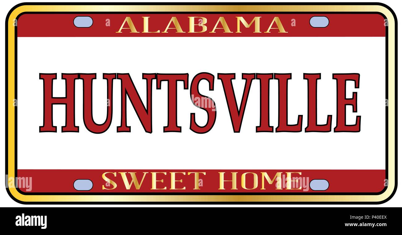Huntsville Alabama state license plate in the colors of the state flag