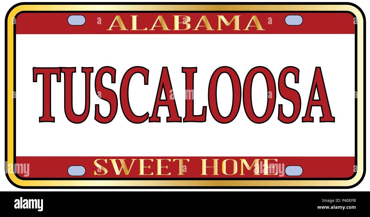 Tuscaloosa Alabama state license plate in the colors of the state flag with the state name over a white background Stock Vector