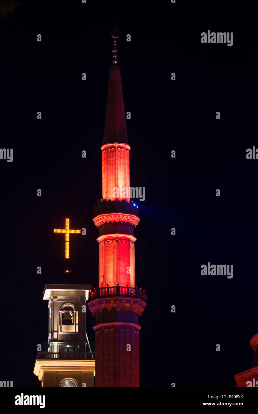 Minarets and Church Towers light up in Beirut Stock Photo