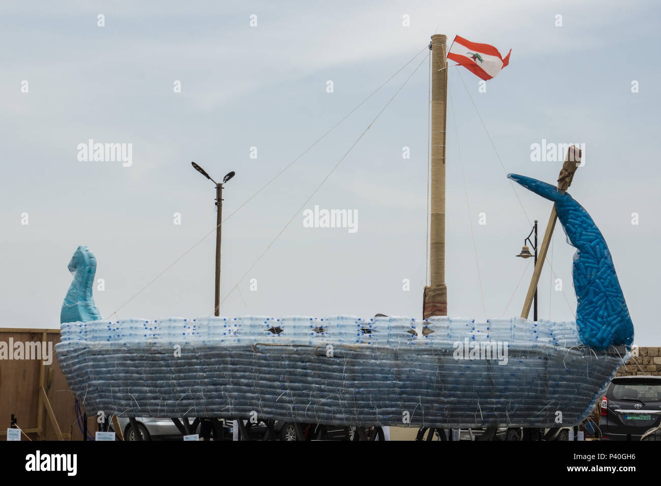 Phoenician ship made of thousands of plastic bottles to raise environmental awareness Stock Photo