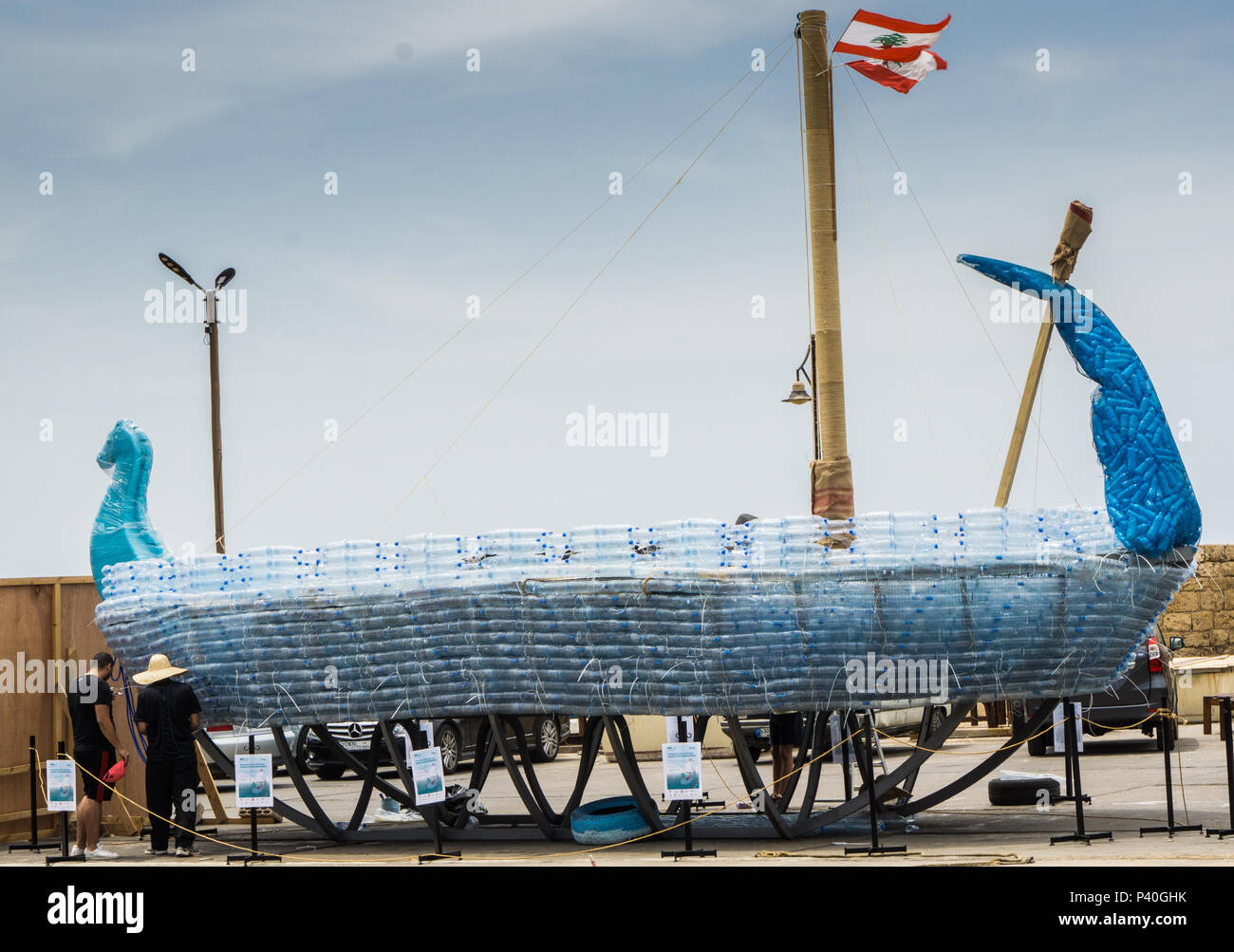Phoenician ship made of thousands of plastic bottles to raise environmental awareness Stock Photo