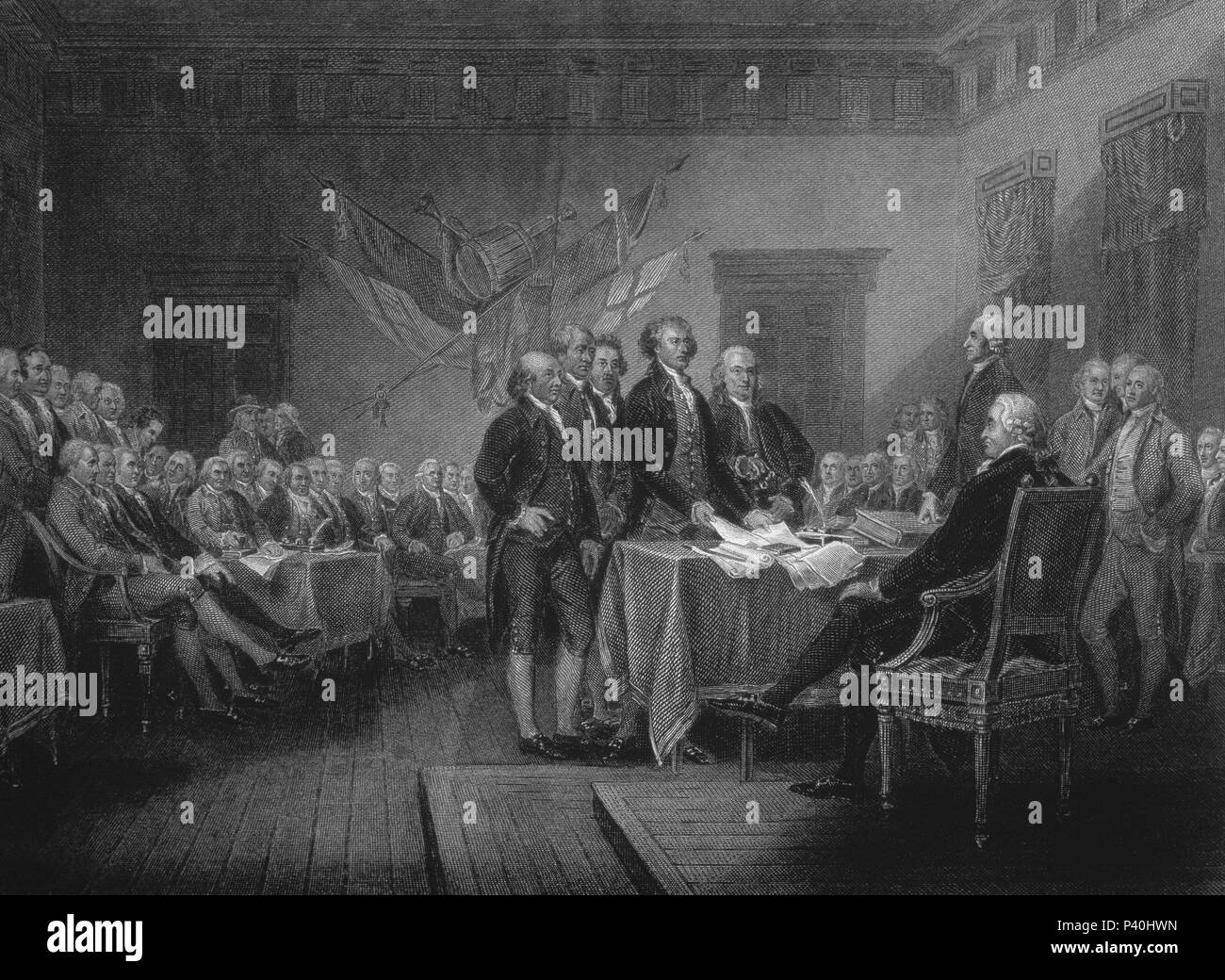 Signing the Declaration of Independence, 4th July 1776 - 1870 - engraving. Author: John Trumbull (1756-1843). Also known as: FIRMA DEL ACTA DE INDEPENDENCIA DE ESTADOS UNIDOS EL 4 JULIO 1776. Stock Photo