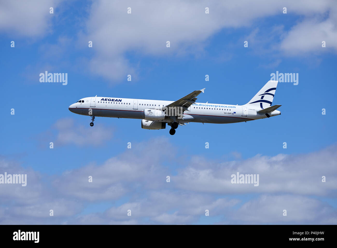 An Aegean Airlines Airbus A321-231 aircraft, registration number SX-DVP, approaching a landing. Stock Photo