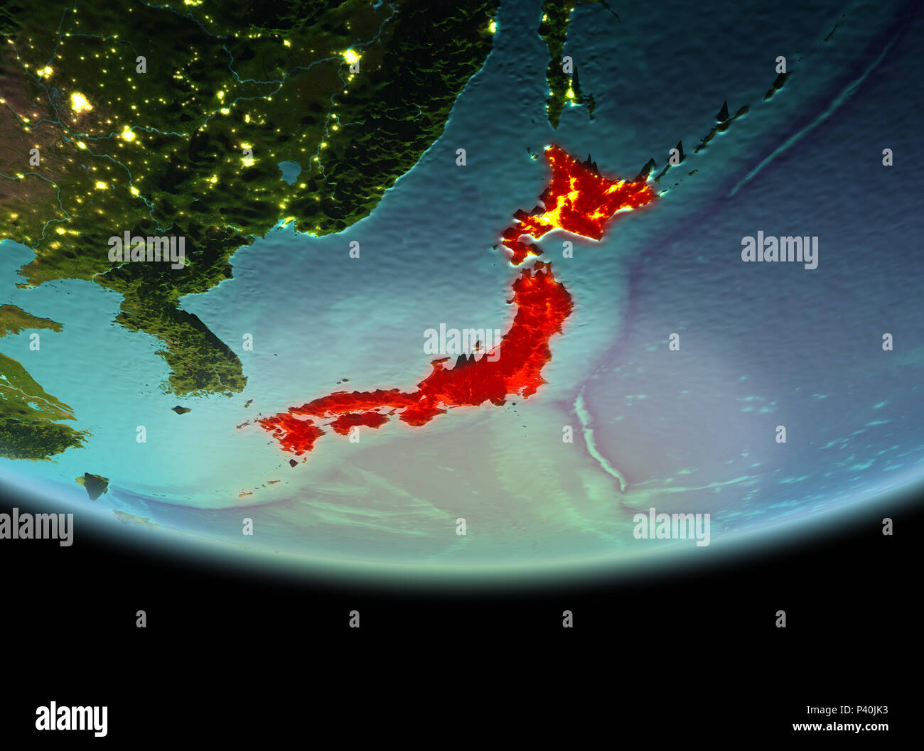 Japan from orbit of planet Earth at night with highly detailed surface ...
