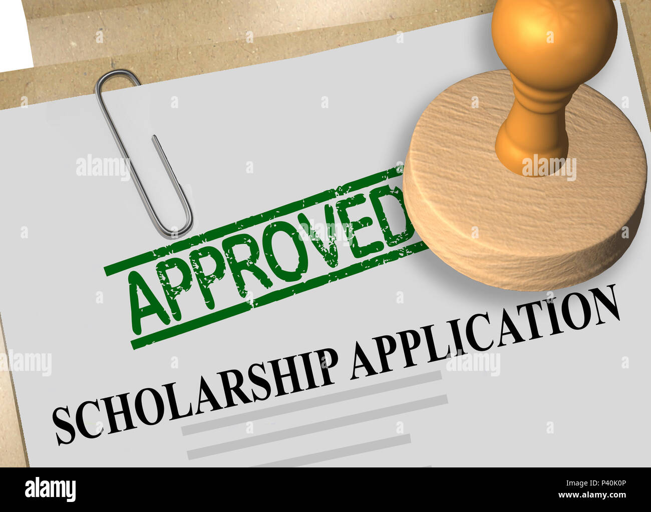 3D illustration of APPROVED stamp title on scholarship application