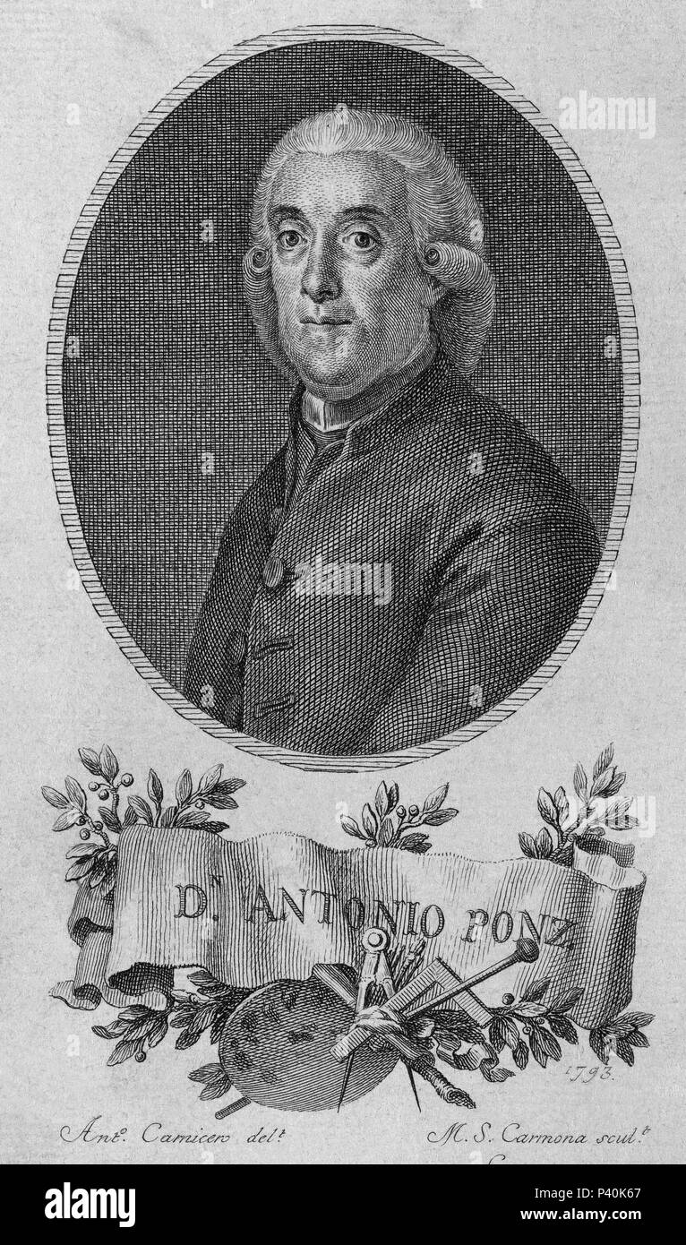 ANTONIO PONZ (1725-1792) - GRABADO POR ANTONIO CARNICERO - 1793. Author: Manuel Salvador Carmona (1734-1820). Stock Photo