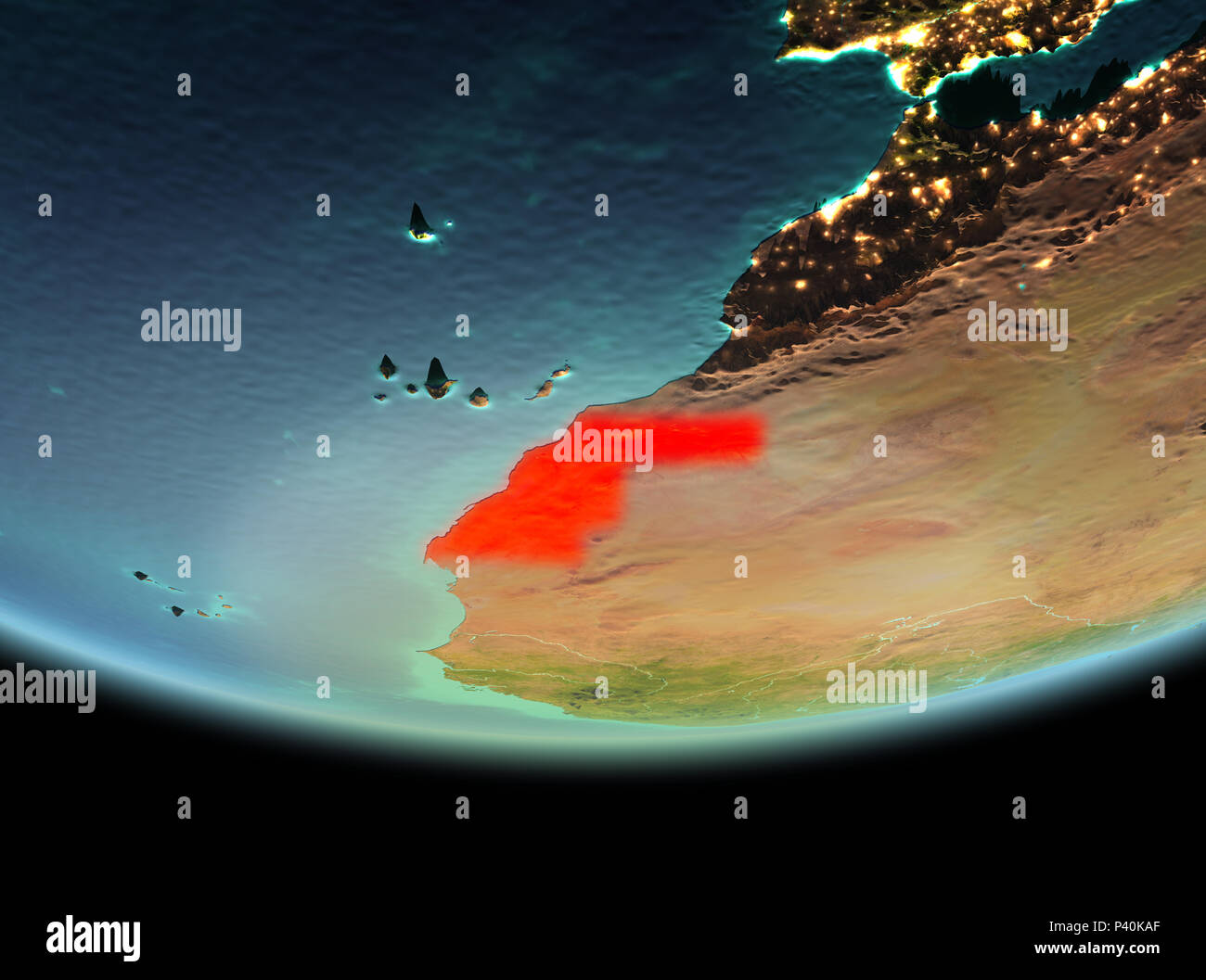 Western Sahara from orbit of planet Earth at night with highly detailed ...