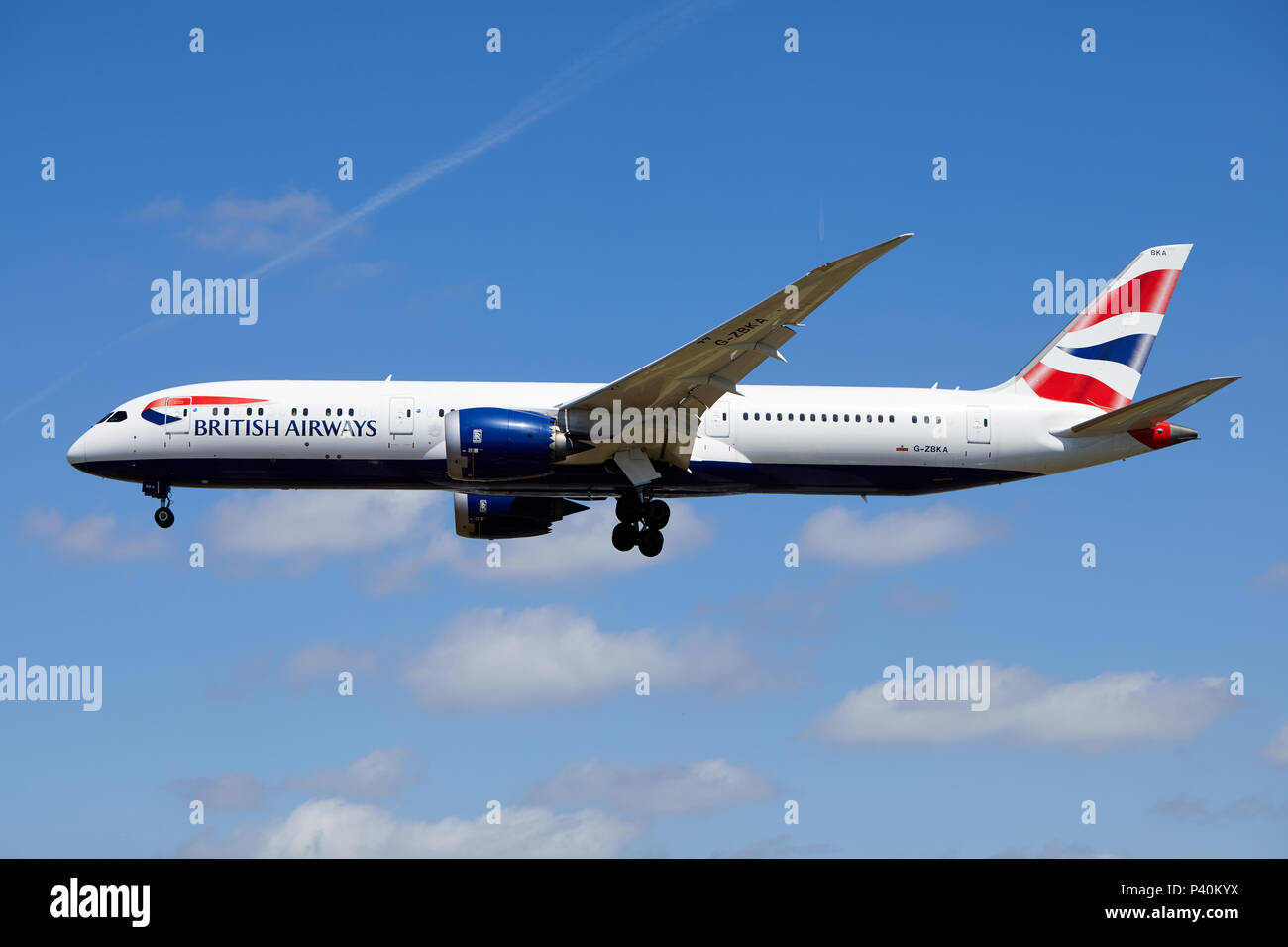 A British Airways Boeing 787-9 Dreamliner aircraft, registration number G-ZBKA, approaching a landing. Stock Photo