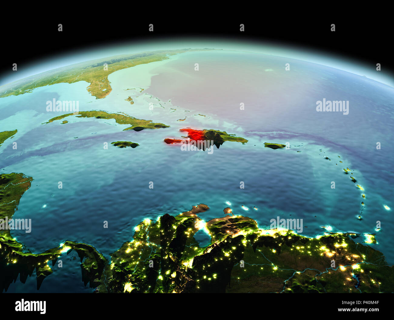 Morning above Haiti highlighted in red on model of planet Earth in ...