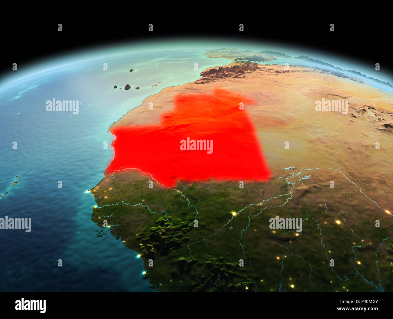 Morning above Mauritania highlighted in red on model of planet Earth in ...