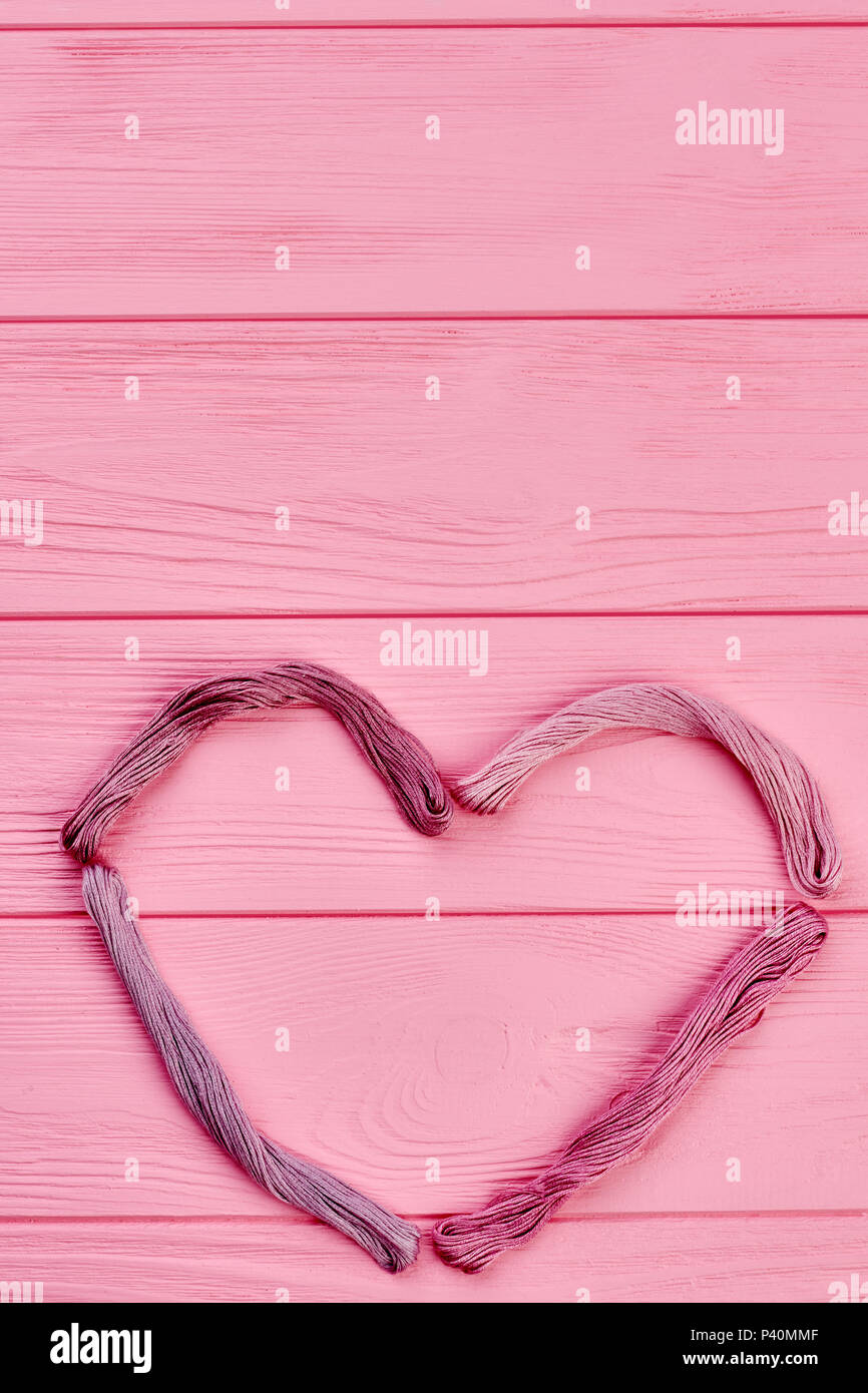 Valentine Holidays Wooden Background Heart From Threads And Copy