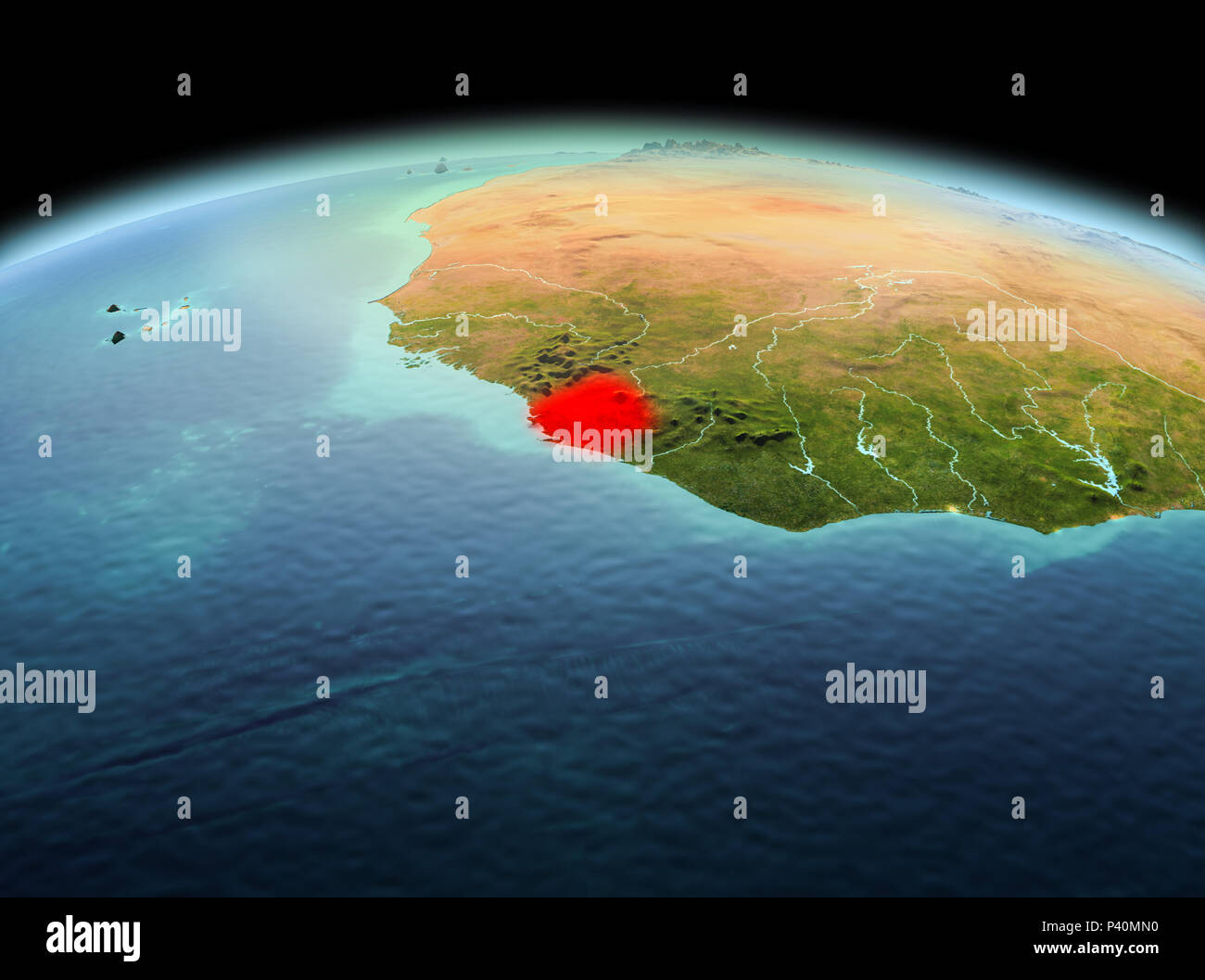 Morning above Sierra Leone highlighted in red on model of planet Earth ...
