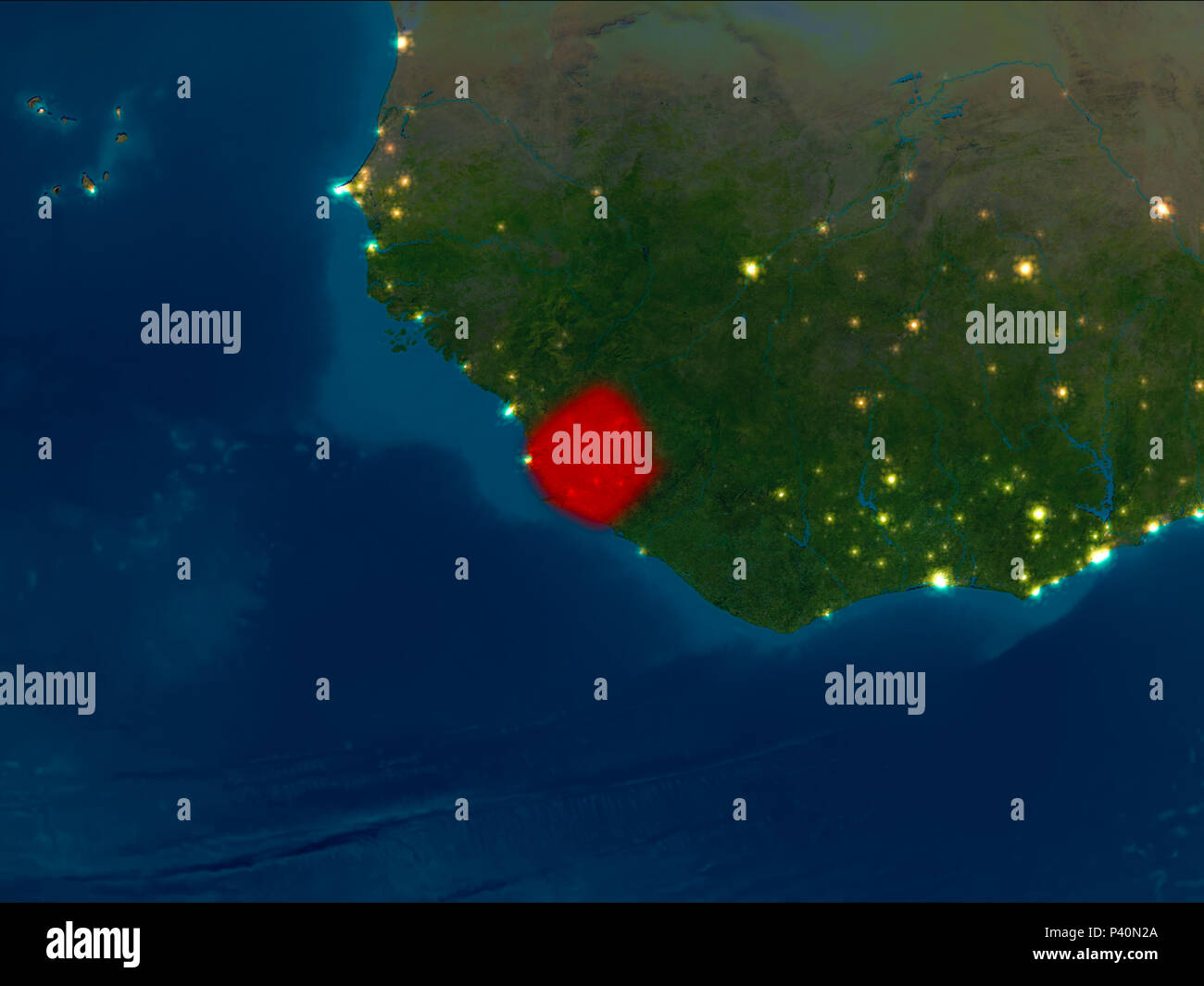 Satellite night view of Sierra Leone highlighted in red on planet Earth ...