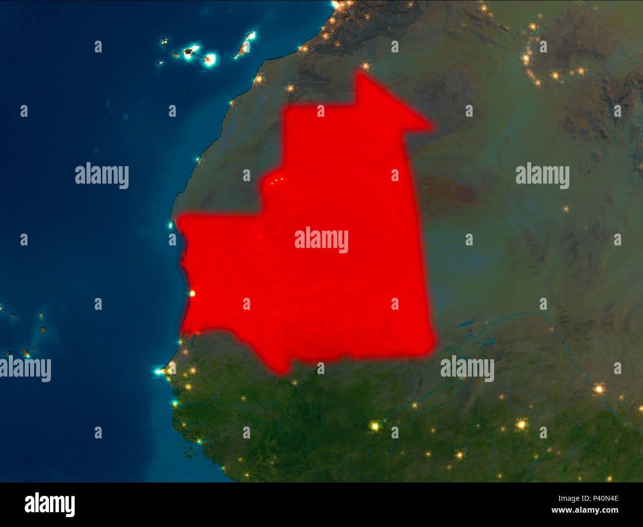 Satellite night view of Mauritania highlighted in red on planet Earth ...