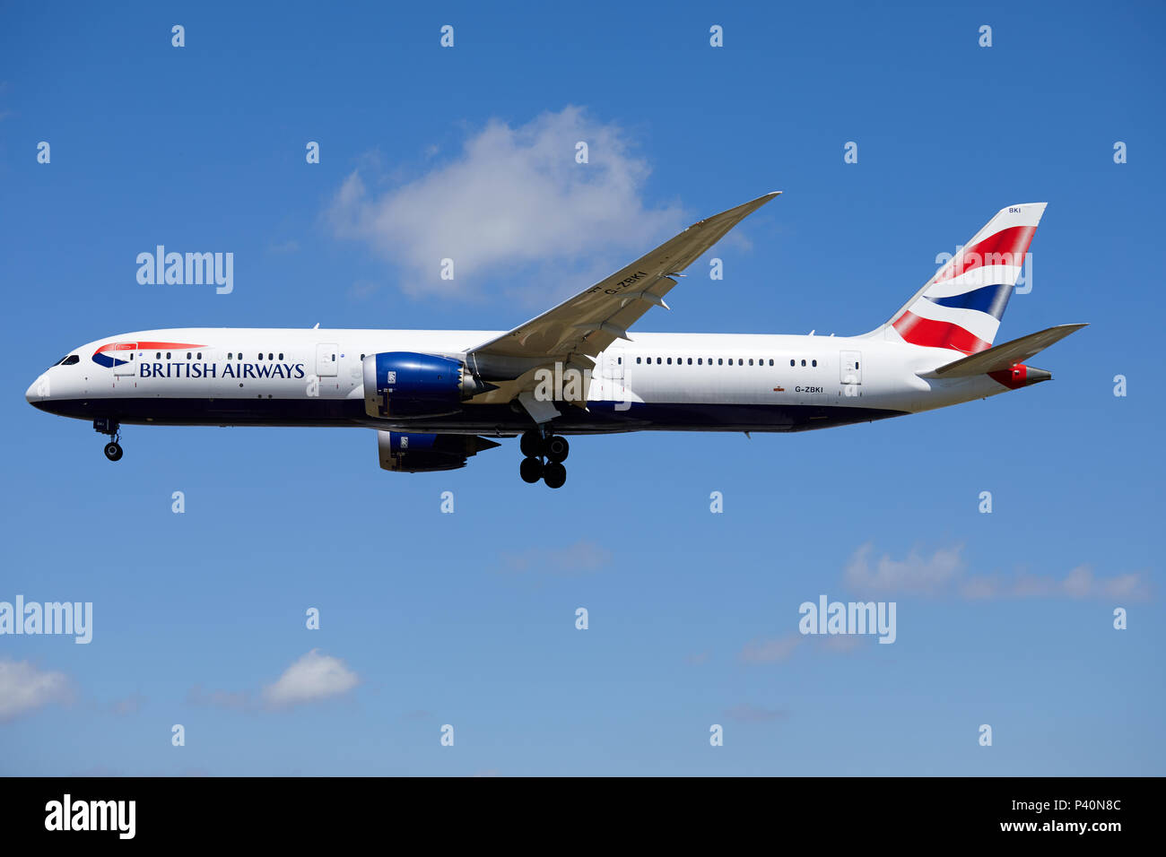 A British Airways Boeing 787-9 Dreamliner aircraft, registration number G-ZBKI, approaching a landing. Stock Photo