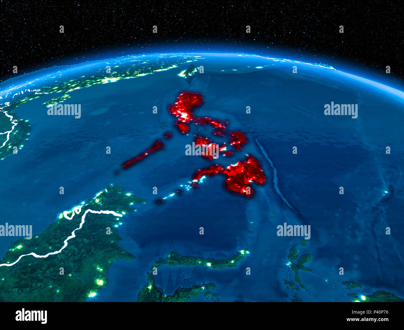 Orbit view of Philippines highlighted in red with visible borderlines ...