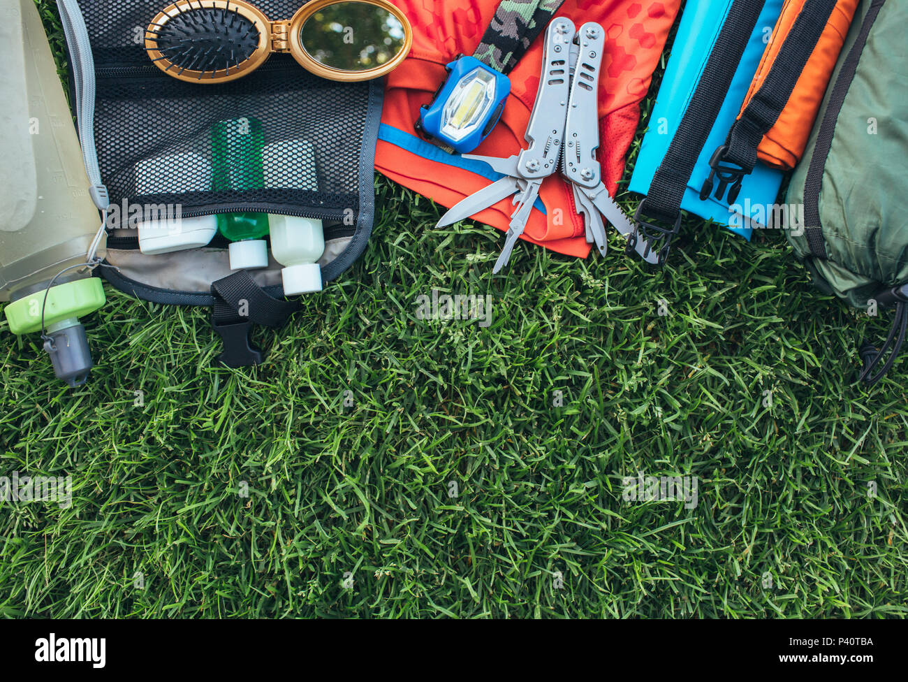 Set equipment for hiking and travel, top view, flat lay Stock Photo