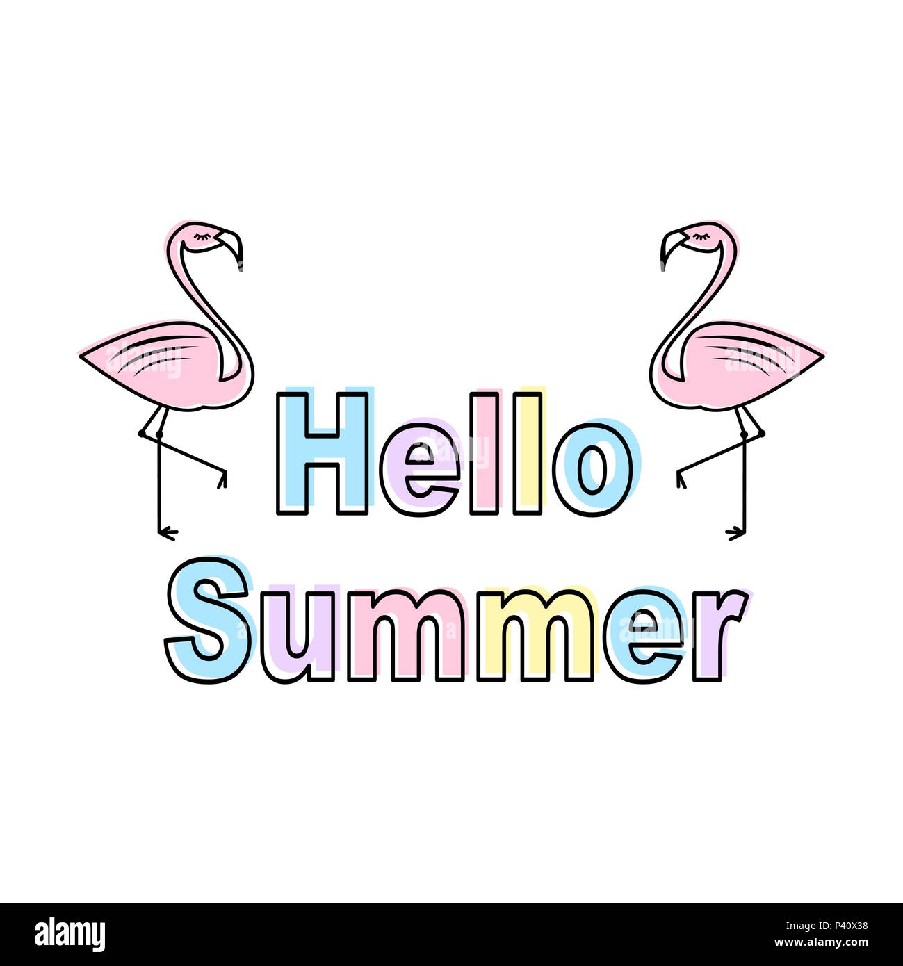cute colorful cartoon hello summer vector banner with flamingos Stock ...