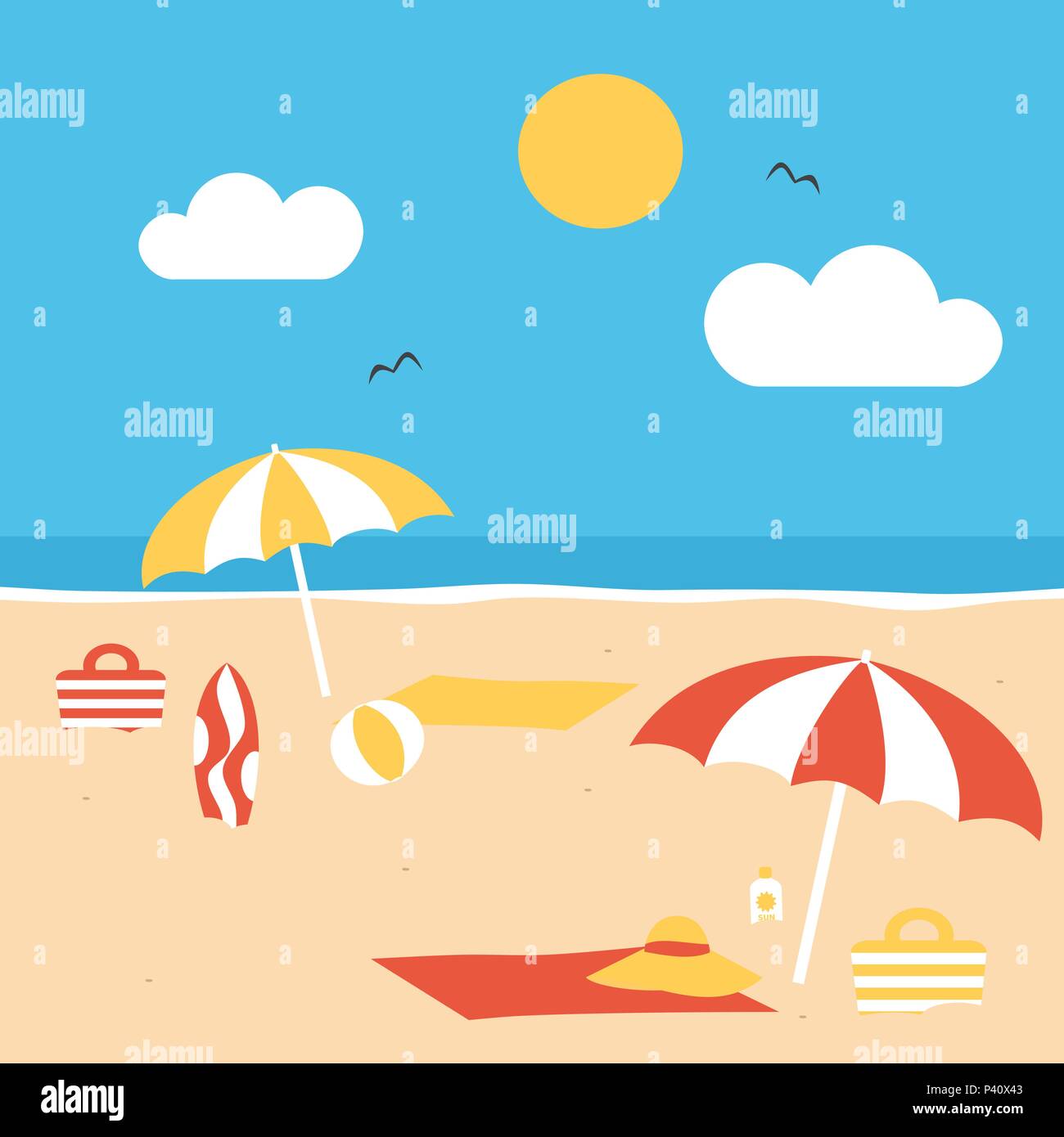 cute flat cartoon vector summer beach background Stock Vector Image & Art -  Alamy