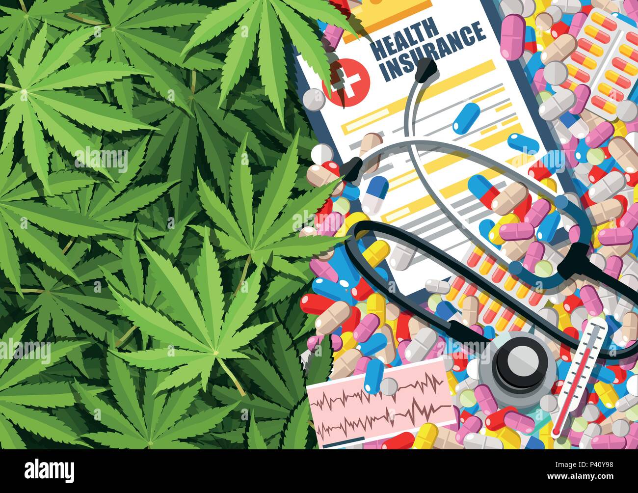 Marijuana medical use and health care concept. Traditional medicine versus other options with cannabis Stock Vector