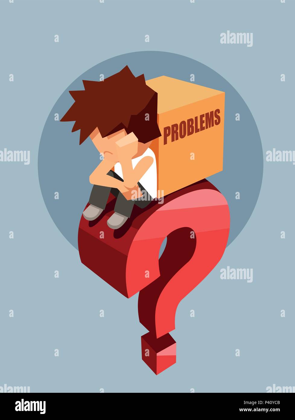 Sad young man sitting on a big red question with box of problems Stock Vector
