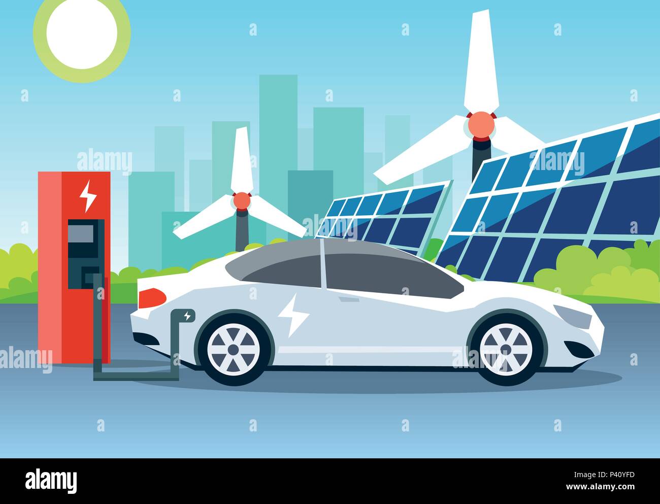 Flat vector of a white electric car charging at station in front of wind turbines and solar panels. City skyline in the background. Stock Vector