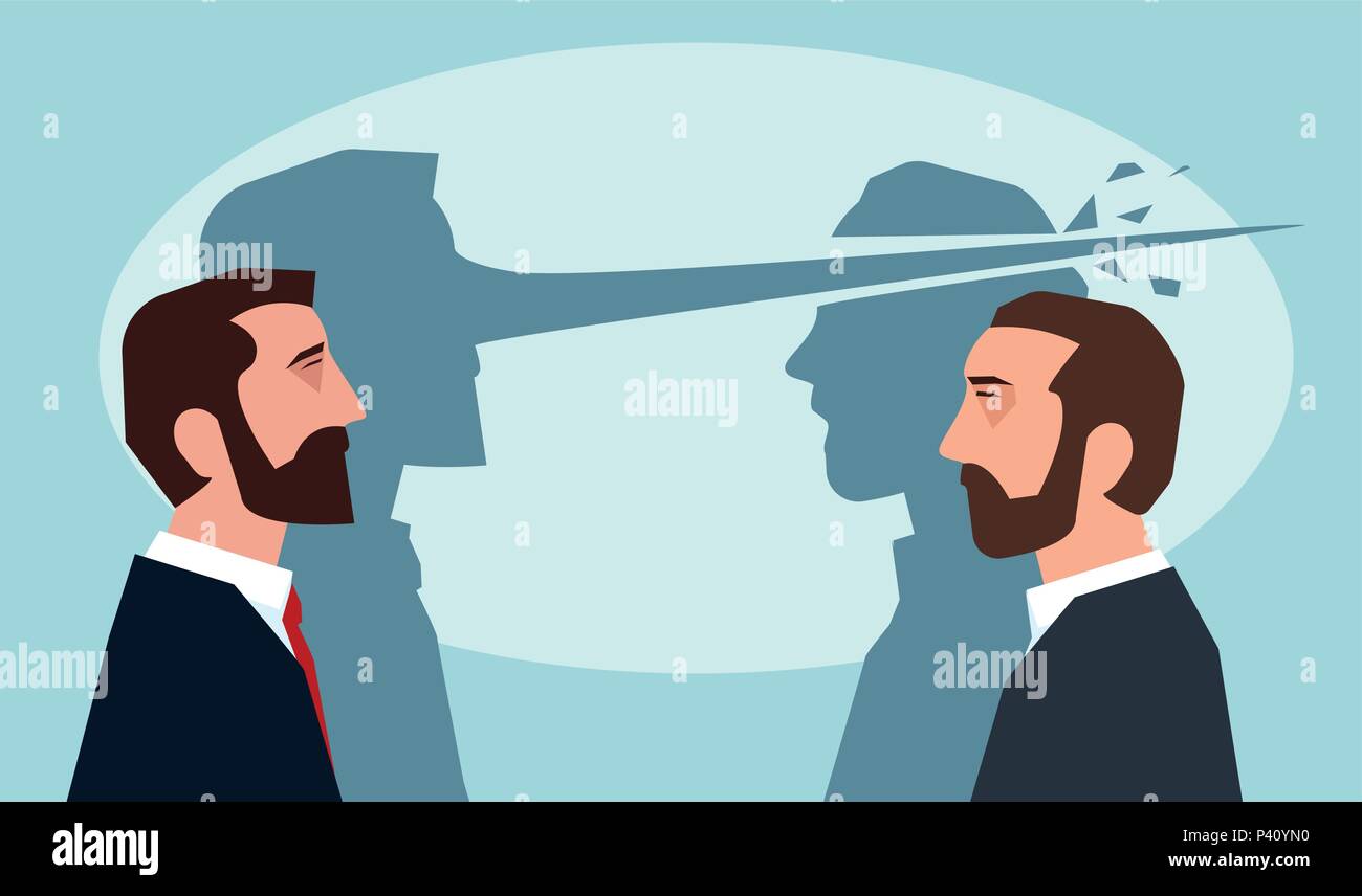 Psychology of lies concept. Man with long nose lying another guy Stock