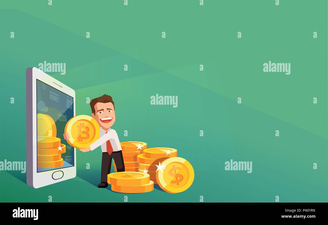 Flat modern design concept of crypto currency technology, bitcoin exchange, mobile banking. Businessman pulling out of smartphone bitcoins and dollars Stock Vector
